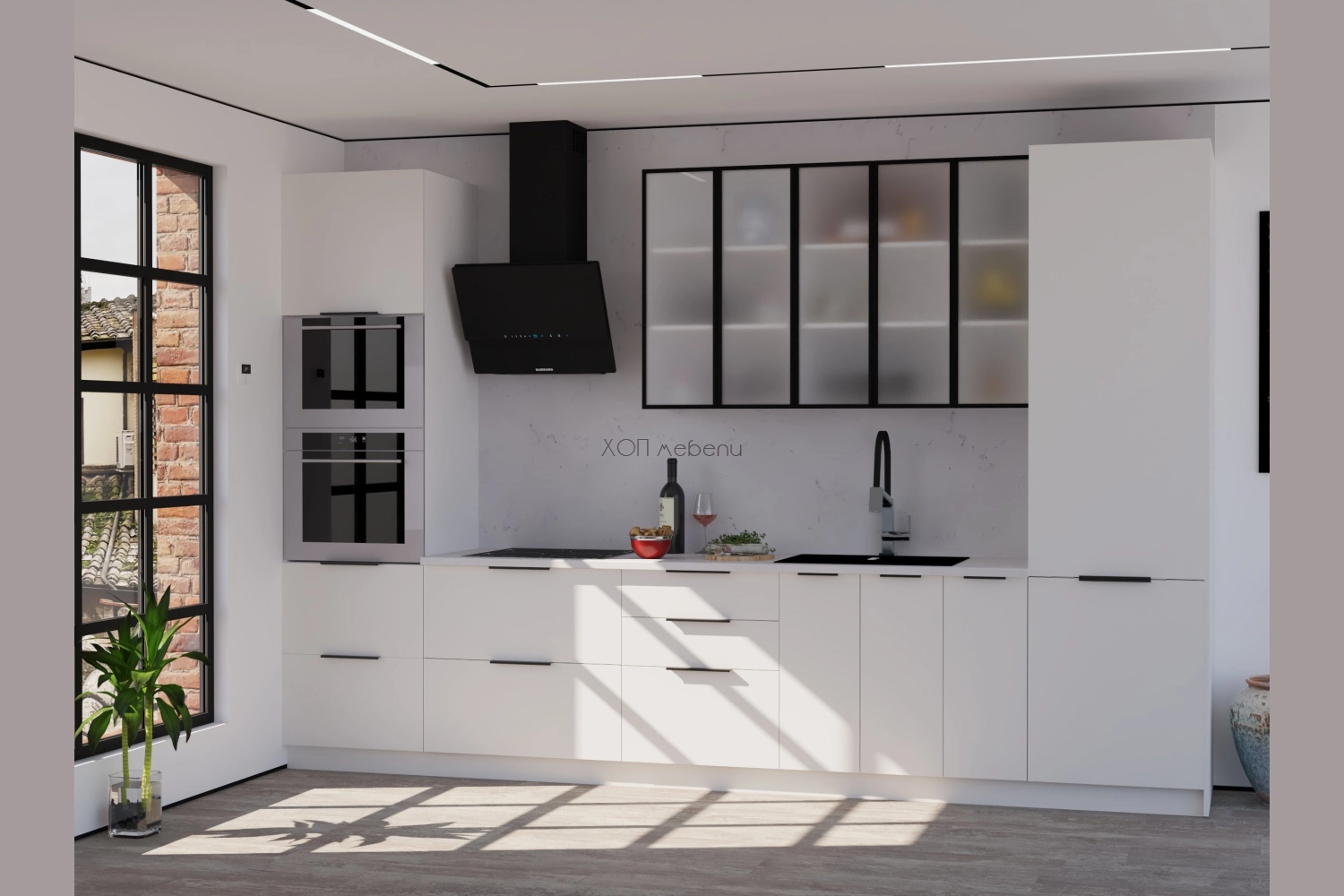 Кухня Адел 3,5 м. с витрини - бял супер мат ID 19414 - hop-mebeli.com - 1 Кухня Адел 3,5 м. с витрини - бял супер мат ID 19414 - 1