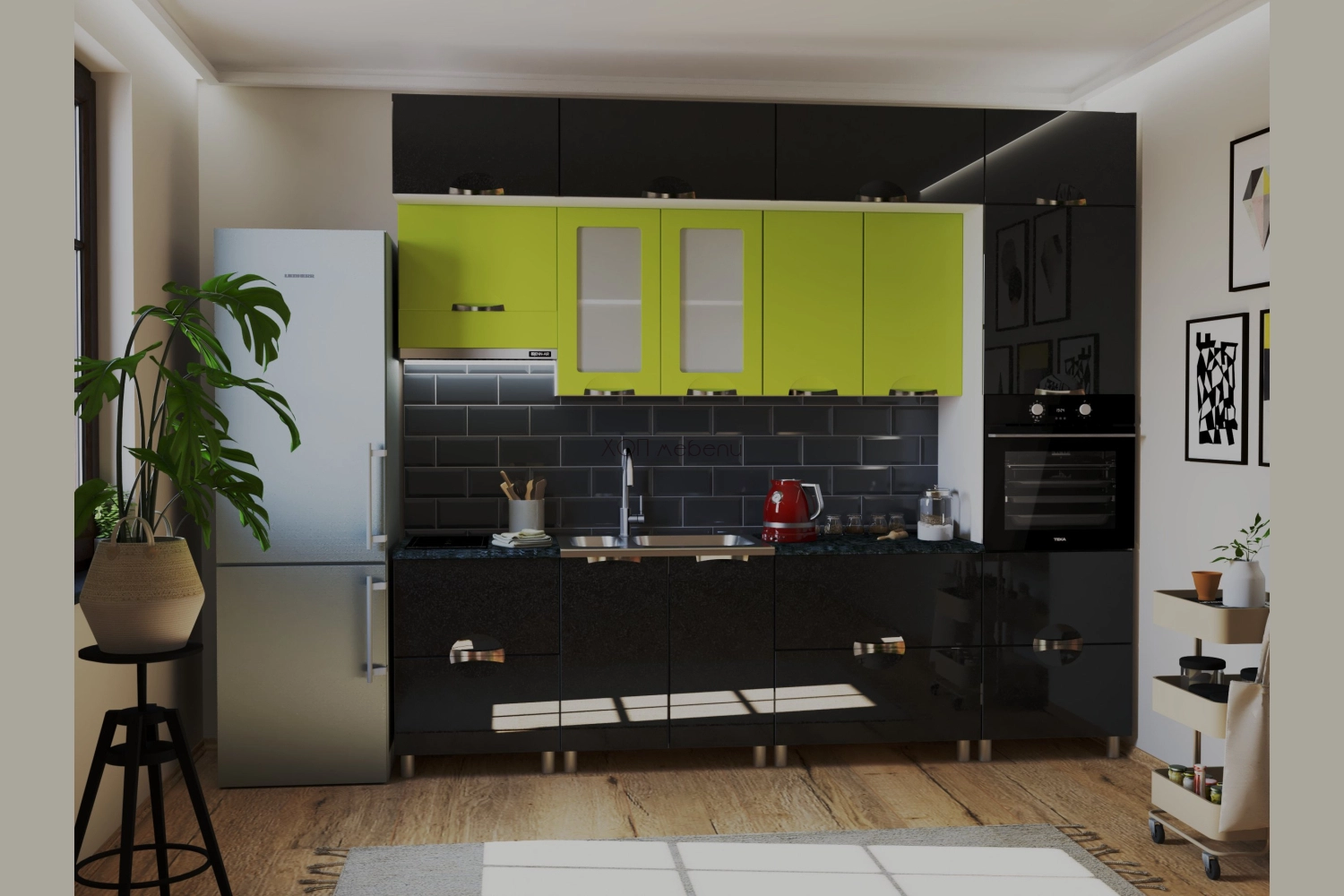 Кухня с надстройка Адел лукс NEW 2,8 м. в лайм гланц/черна галактика ID 14632 - hop-mebeli.com - 1 Кухня с надстройка Адел лукс NEW 2,8 м. в лайм гланц/черна галактика ID 14632 - 1