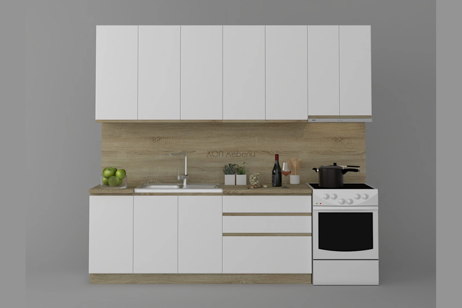 Кухня Тина 200 + шкаф за телескопичен абсорбатор h920 - бяло / дъб сонома ID 20682 - hop-mebeli.com - 1 Кухня Тина 200 + шкаф за телескопичен абсорбатор h920 - бяло / дъб сонома ID 20682 - 1