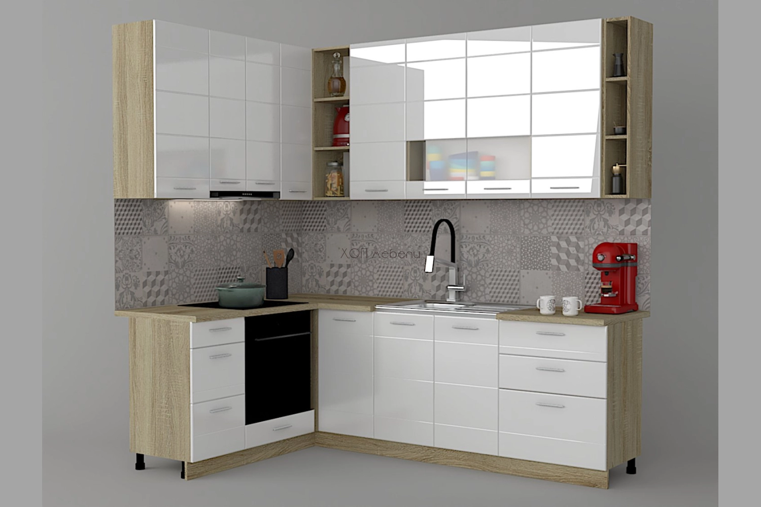 Ъглова кухня Бианка 163 / 240 см. - бял гланц / дъб сонома h920 ID 20785 - hop-mebeli.com - 1 Ъглова кухня Бианка 163 / 240 см. - бял гланц / дъб сонома h920 ID 20785 - 1