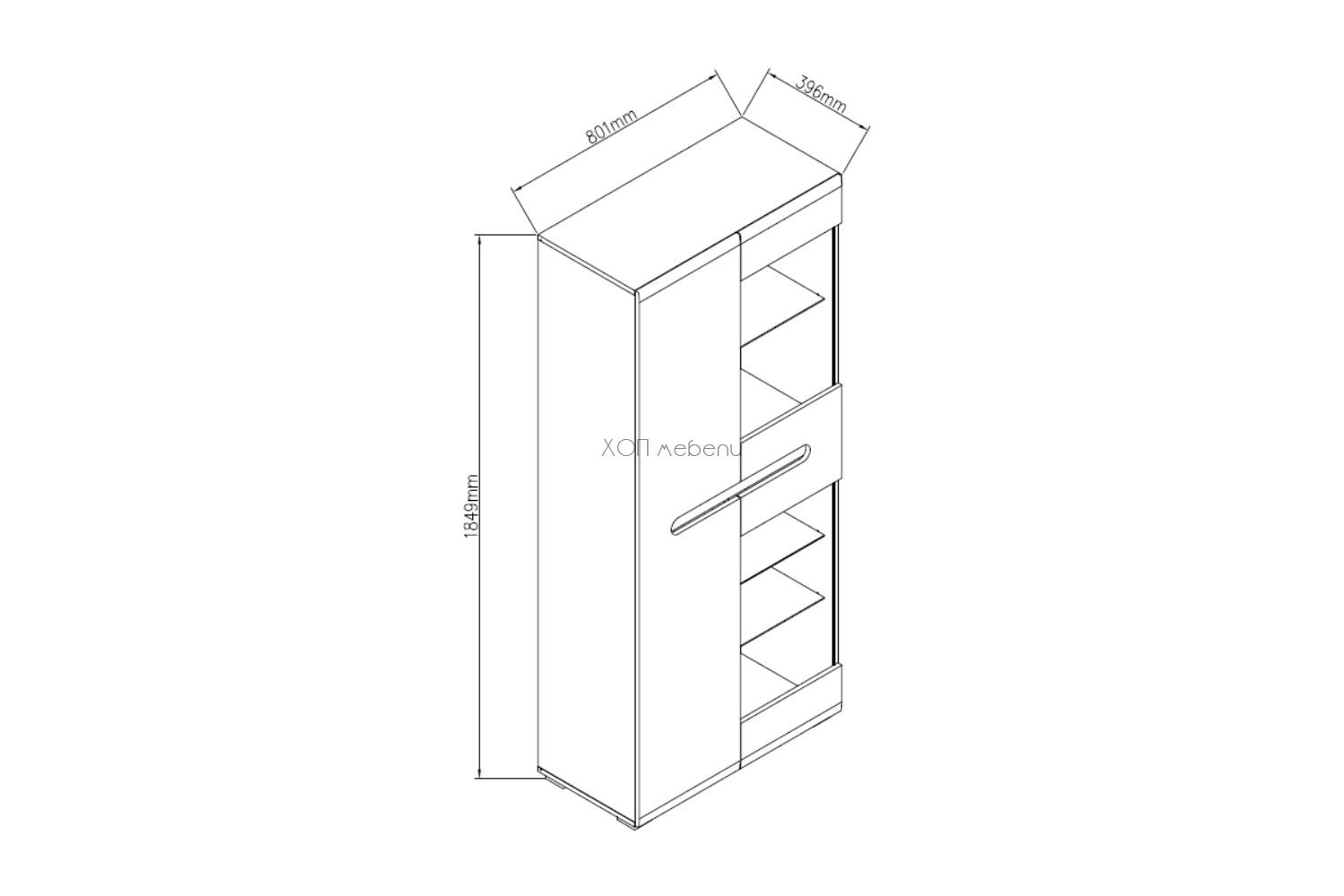 Размери на Висок шкаф Бианко NEW 2Д Ск - бял гланц / дъб апалачи ID 3862 - hop-mebeli.com Размери на Висок шкаф Бианко NEW 2Д Ск - бял гланц / дъб апалачи ID 3862
