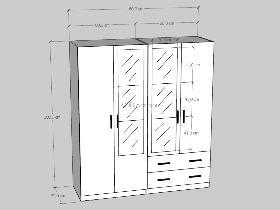 Размери на Четирикрилен гардероб с 2 чекмеджета и 2 огледала ID 13926 - hop-mebeli.com Размери на Четирикрилен гардероб с 2 чекмеджета и 2 огледала ID 13926