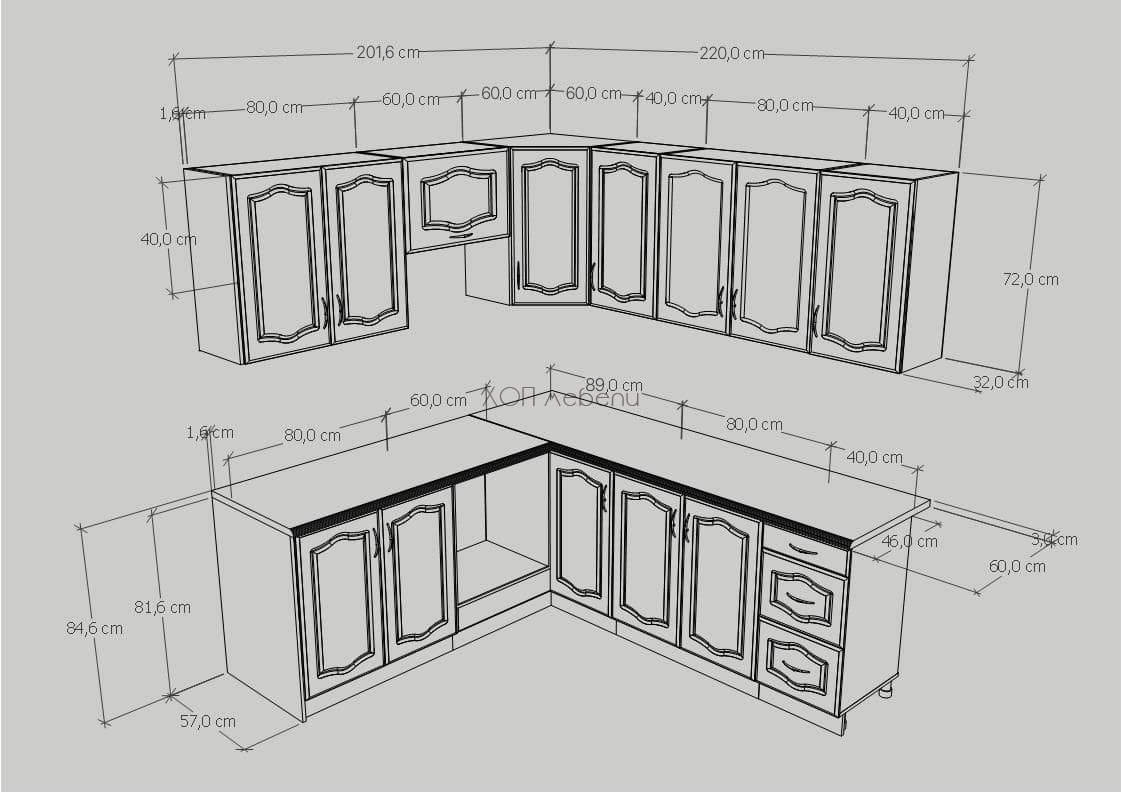 Размери на Кухня Оля NEW сонома 202/220 см. ID 10620 - hop-mebeli.com Размери на Кухня Оля NEW сонома 202/220 см. ID 10620